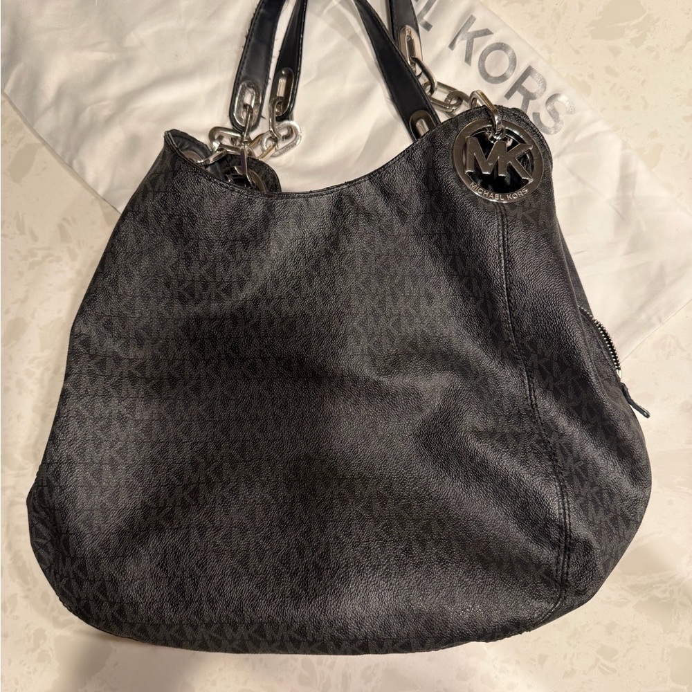 Michael Kors Black & Gray Fulton Shoulder Bag with Silver Accents